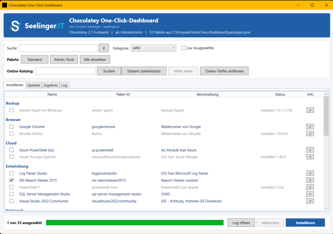 ChocoDashboard – Installieren-Tab: Paketauswahl nach Kategorien