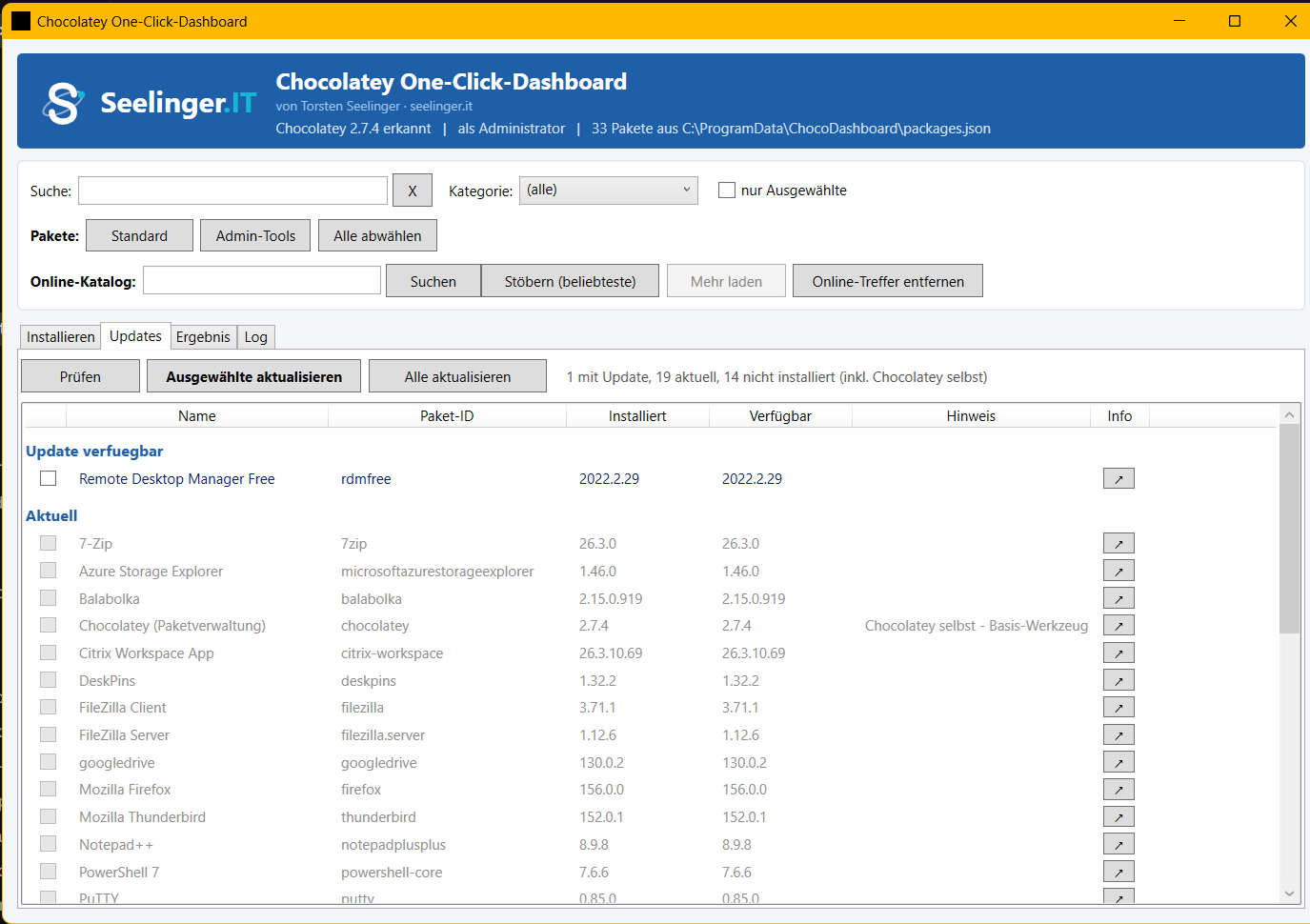 ChocoDashboard – Updates-Ansicht mit Paketliste und Update-Status